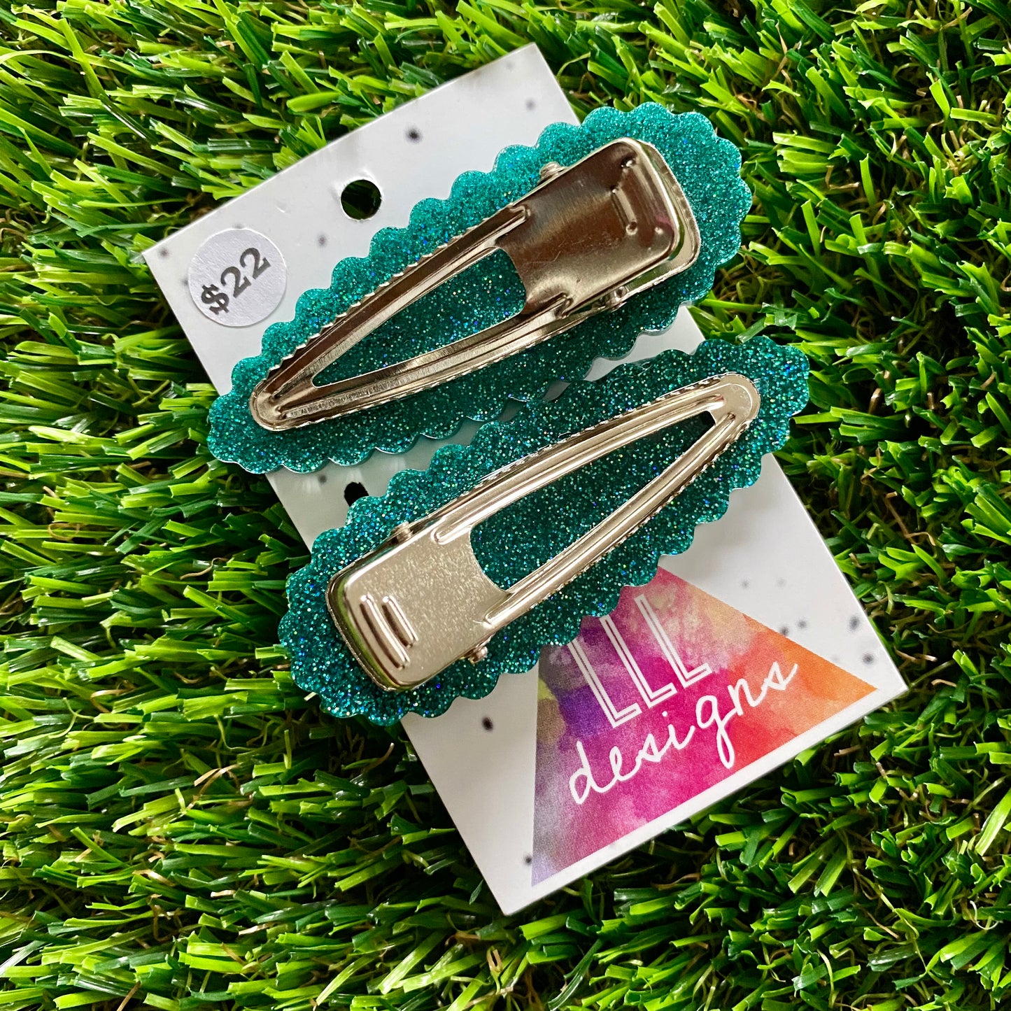 Handmade Resin Hair Clip - Teal Glitter Scalloped Hair Clip Pair Featuring a Small Glitter Silver Bow!