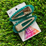 Handmade Resin Hair Clip - Teal Glitter Scalloped Hair Clip Pair Featuring a Small Glitter Silver Bow!