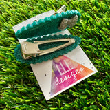Handmade Resin Hair Clip - Teal Glitter Scalloped Hair Clip Pair Featuring a Small Glitter Silver Bow!
