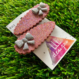 Handmade Resin Hair Clip - Bronze Glitter Scalloped Hair Clip Pair Featuring a Small Glitter Silver Bow!