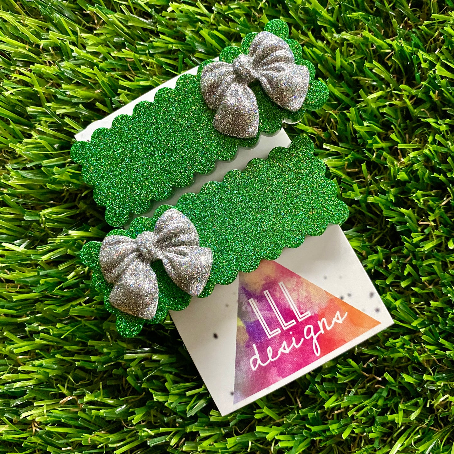 Handmade Resin Hair Clip - Green Glitter Rectangular Scalloped Hair Clip Pair Featuring a Small Glitter Silver Bow!