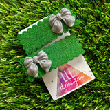 Handmade Resin Hair Clip - Green Glitter Rectangular Scalloped Hair Clip Pair Featuring a Small Glitter Silver Bow!