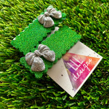 Handmade Resin Hair Clip - Green Glitter Rectangular Scalloped Hair Clip Pair Featuring a Small Glitter Silver Bow!