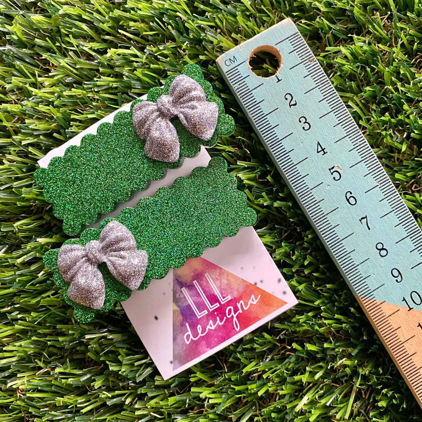 Handmade Resin Hair Clip - Green Glitter Rectangular Scalloped Hair Clip Pair Featuring a Small Glitter Silver Bow!