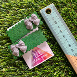 Handmade Resin Hair Clip - Green Glitter Rectangular Scalloped Hair Clip Pair Featuring a Small Glitter Silver Bow!