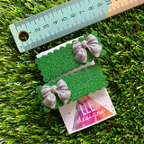 Handmade Resin Hair Clip - Green Glitter Rectangular Scalloped Hair Clip Pair Featuring a Small Glitter Silver Bow!