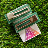 Handmade Resin Hair Clip - Green Glitter Rectangular Scalloped Hair Clip Pair Featuring a Small Glitter Silver Bow!