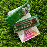 Handmade Resin Hair Clip - Green Glitter Rectangular Scalloped Hair Clip Pair Featuring a Small Glitter Silver Bow!