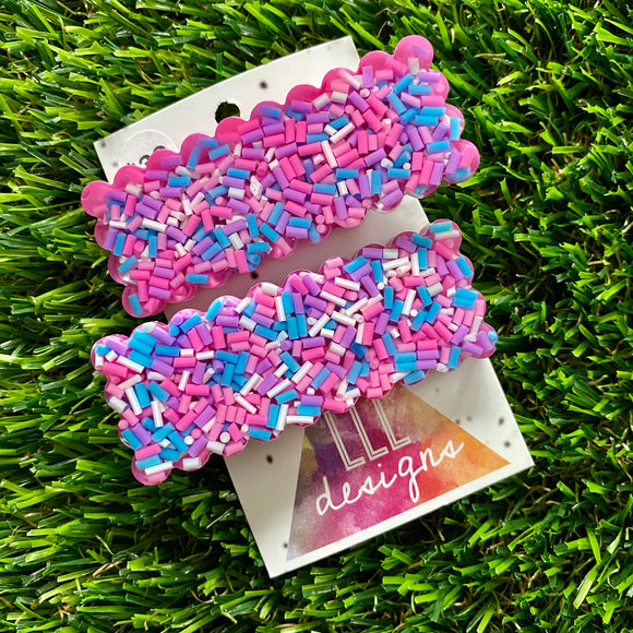 Handmade Resin Hair Clip - Pink Sprinkle Rectangular Scalloped Hair Clip Pair!