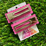 Handmade Resin Hair Clip - Pink Sprinkle Rectangular Scalloped Hair Clip Pair!