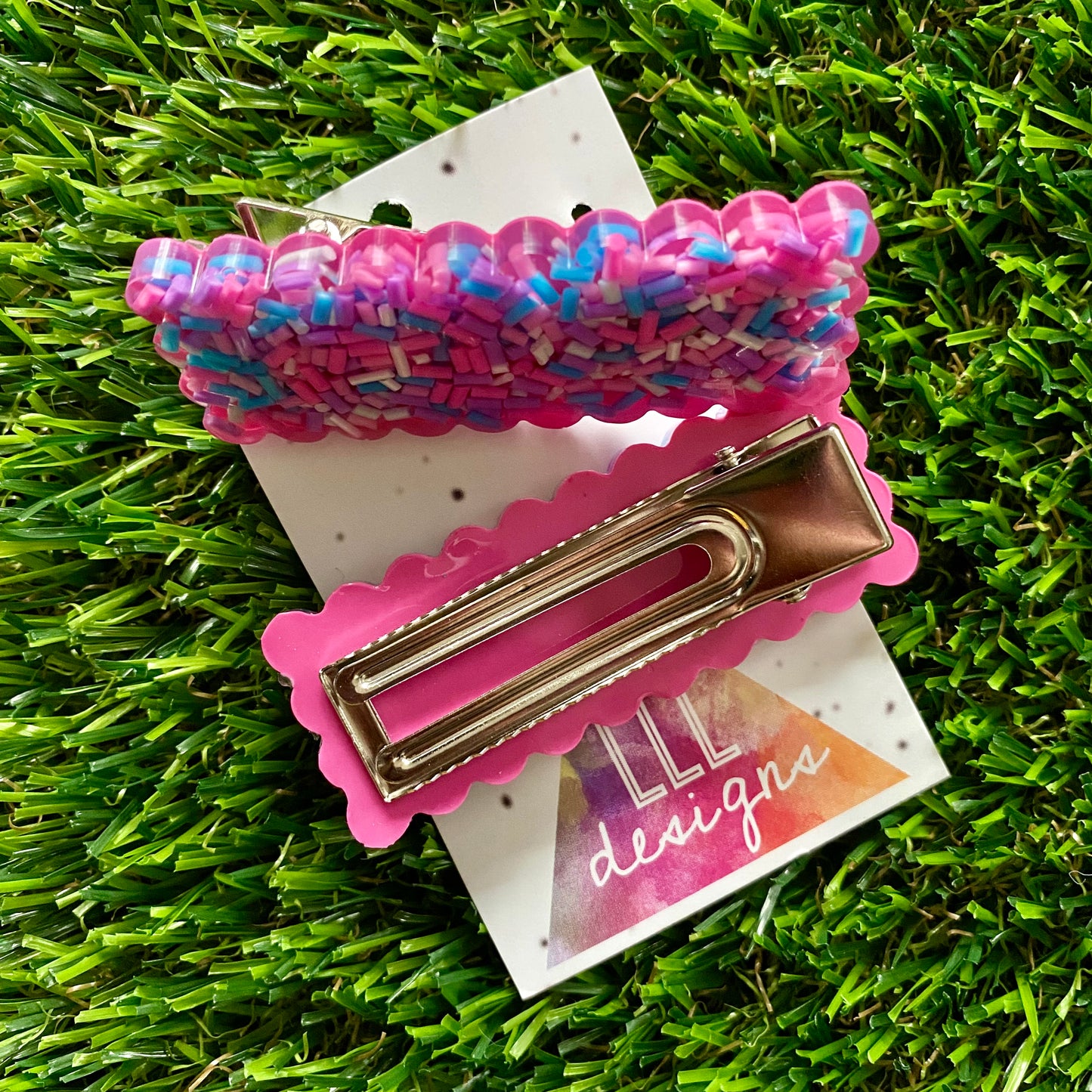Handmade Resin Hair Clip - Pink Sprinkle Rectangular Scalloped Hair Clip Pair!