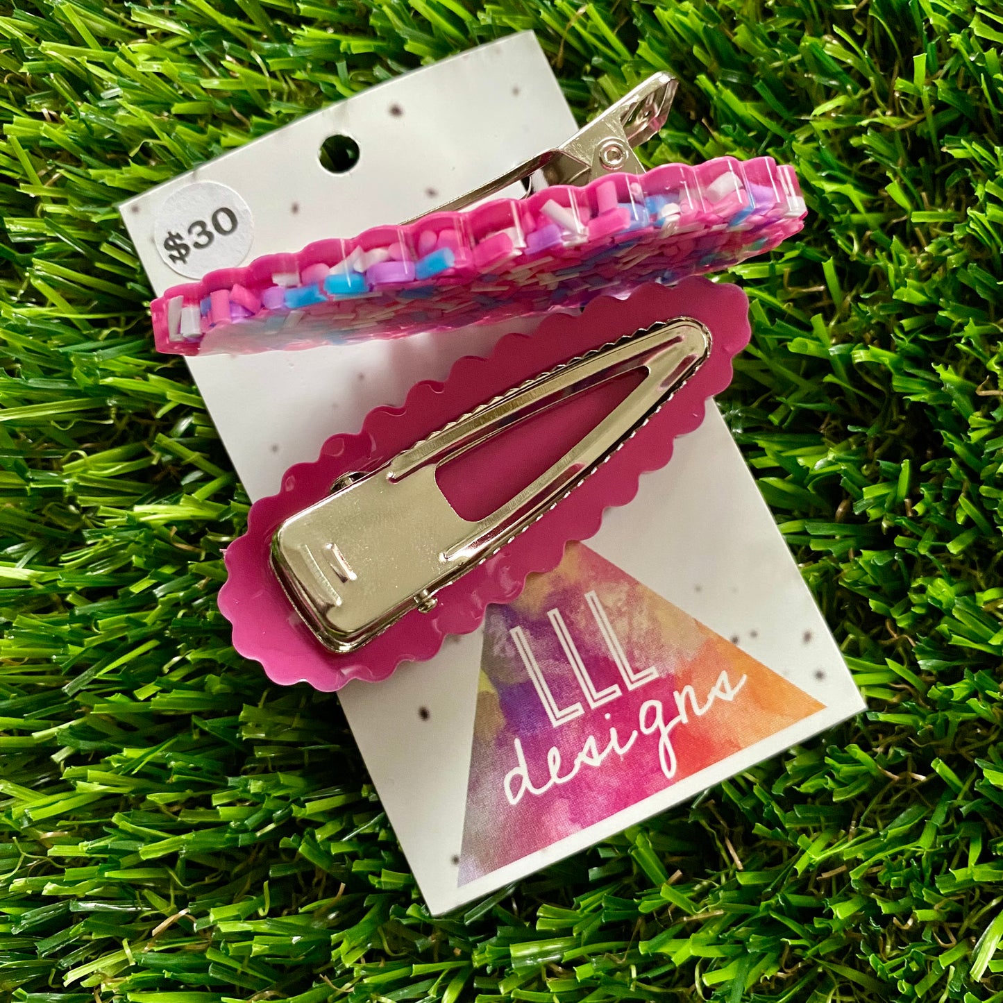 Handmade Resin Hair Clip - Pink Sprinkle Scalloped Hair Clip Pair!