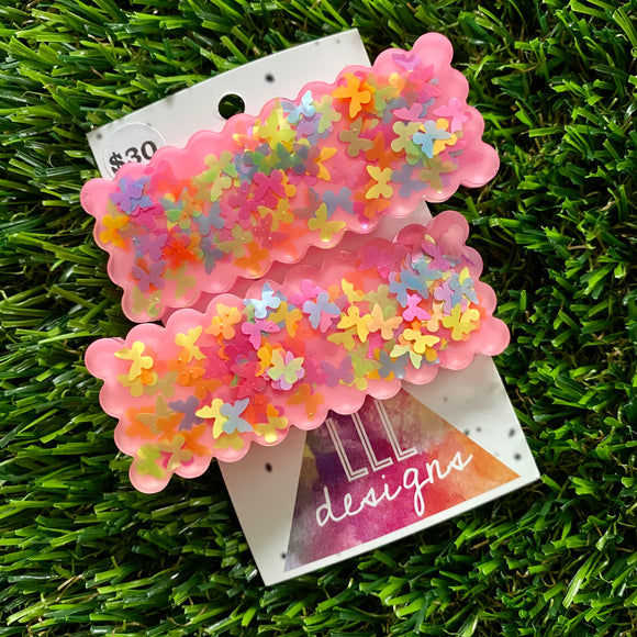 Handmade Resin Hair Clip - Pink Duel Layered Rainbow Butterfly Confetti Rectangular Scalloped Hair Clip Pair!