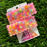 Handmade Resin Hair Clip - Pink Duel Layered Rainbow Butterfly Confetti Rectangular Scalloped Hair Clip Pair!