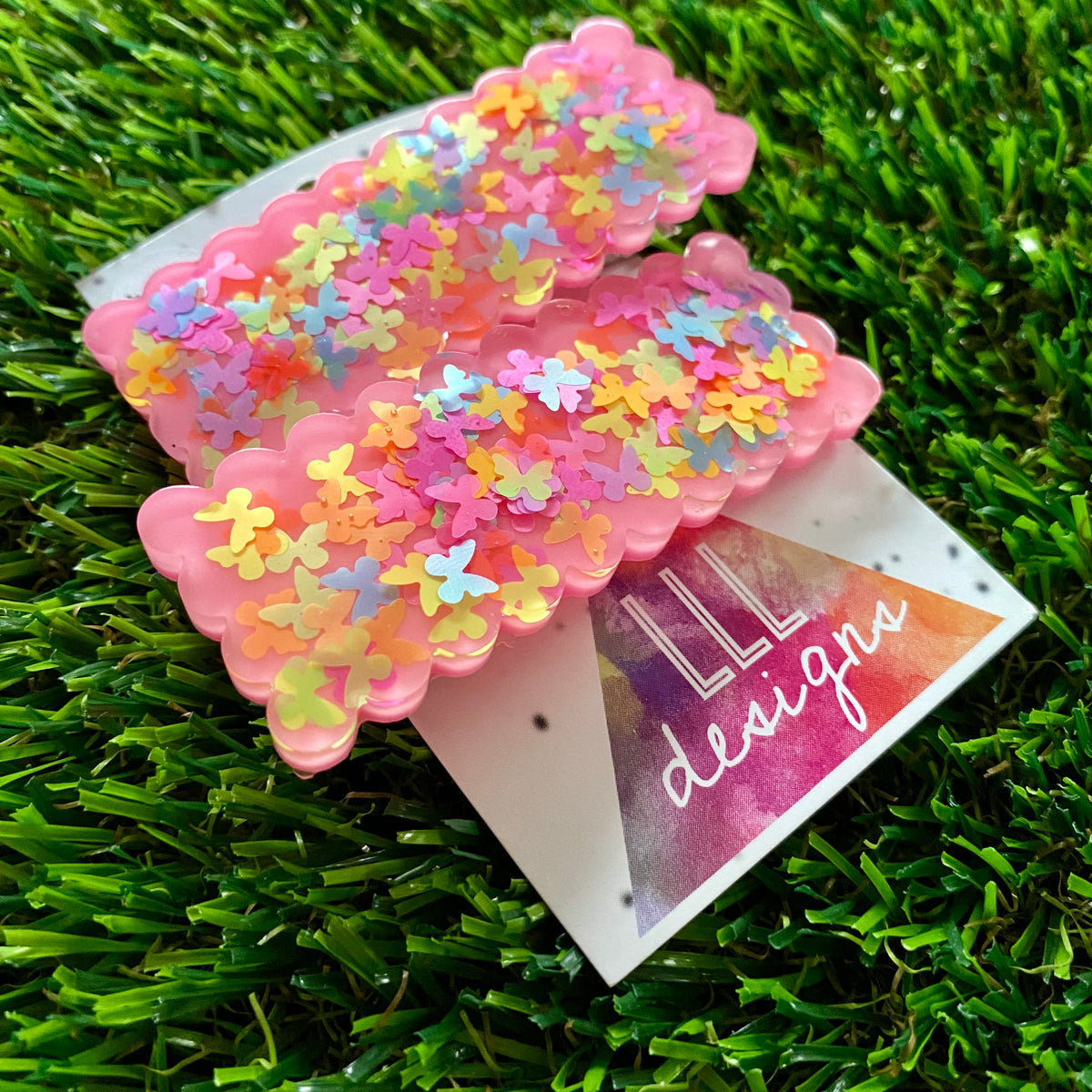 Handmade Resin Hair Clip - Pink Duel Layered Rainbow Butterfly Confetti Rectangular Scalloped Hair Clip Pair!