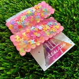 Handmade Resin Hair Clip - Pink Duel Layered Rainbow Butterfly Confetti Rectangular Scalloped Hair Clip Pair!