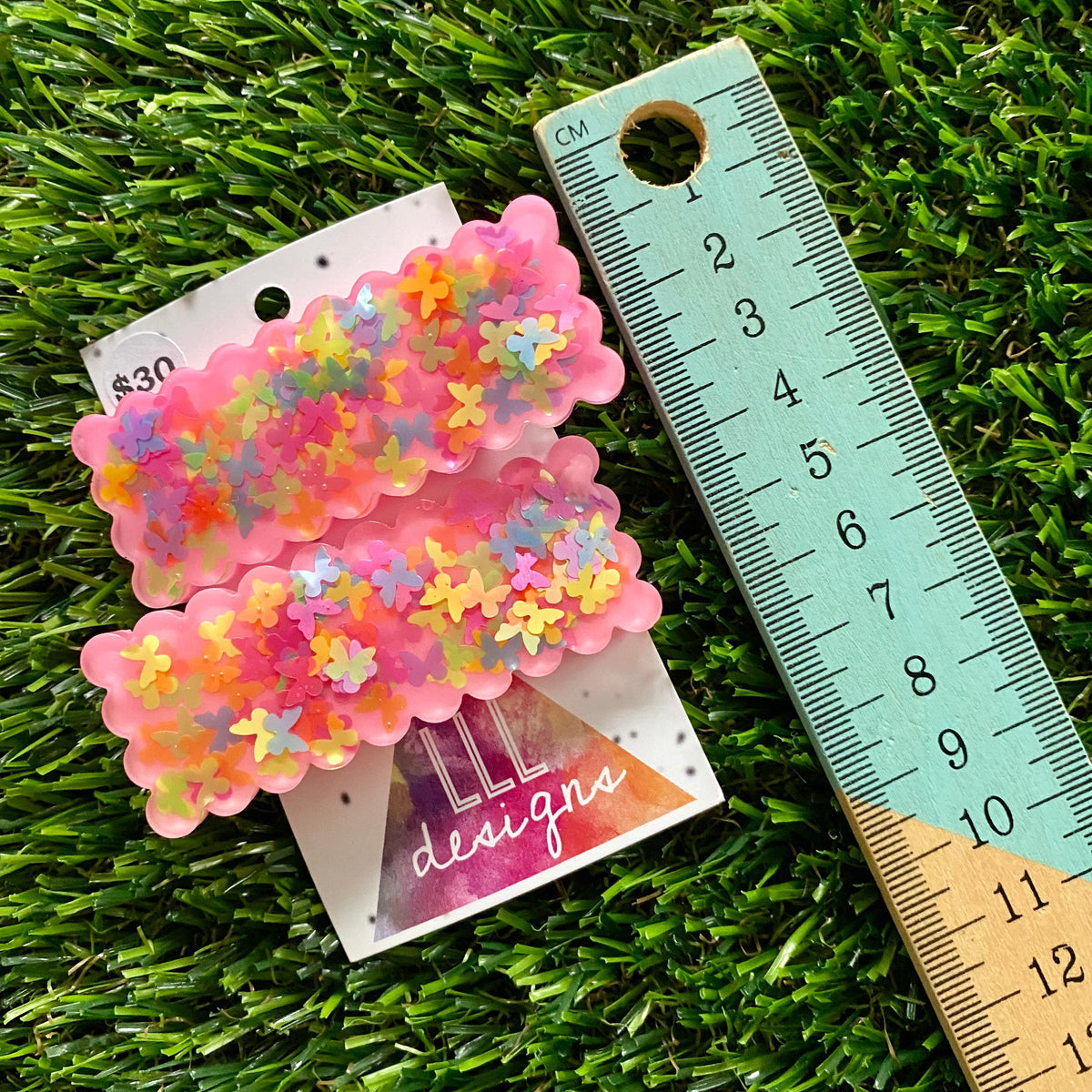 Handmade Resin Hair Clip - Pink Duel Layered Rainbow Butterfly Confetti Rectangular Scalloped Hair Clip Pair!