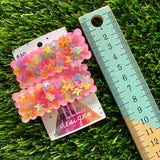 Handmade Resin Hair Clip - Pink Duel Layered Rainbow Butterfly Confetti Rectangular Scalloped Hair Clip Pair!