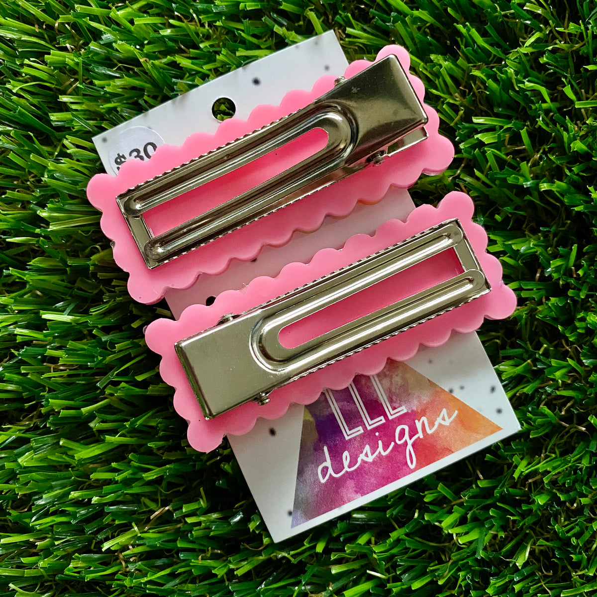 Handmade Resin Hair Clip - Pink Duel Layered Rainbow Butterfly Confetti Rectangular Scalloped Hair Clip Pair!