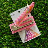 Handmade Resin Hair Clip - Pink Duel Layered Rainbow Butterfly Confetti Rectangular Scalloped Hair Clip Pair!