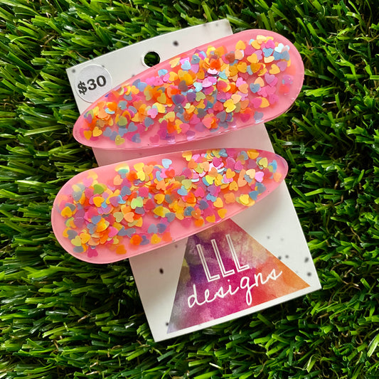 Handmade Resin Hair Clip - Pink Duel Layered Rainbow Heart Confetti Hair Clip Pair!