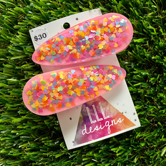 Handmade Resin Hair Clip - Pink Duel Layered Rainbow Heart Confetti Hair Clip Pair!
