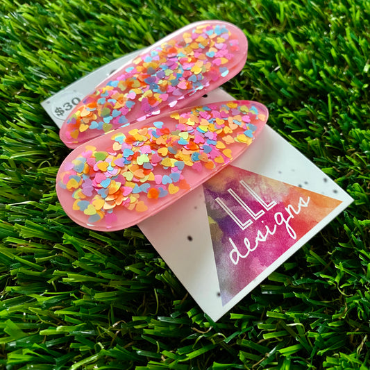 Handmade Resin Hair Clip - Pink Duel Layered Rainbow Heart Confetti Hair Clip Pair!