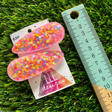 Handmade Resin Hair Clip - Pink Duel Layered Rainbow Heart Confetti Hair Clip Pair!