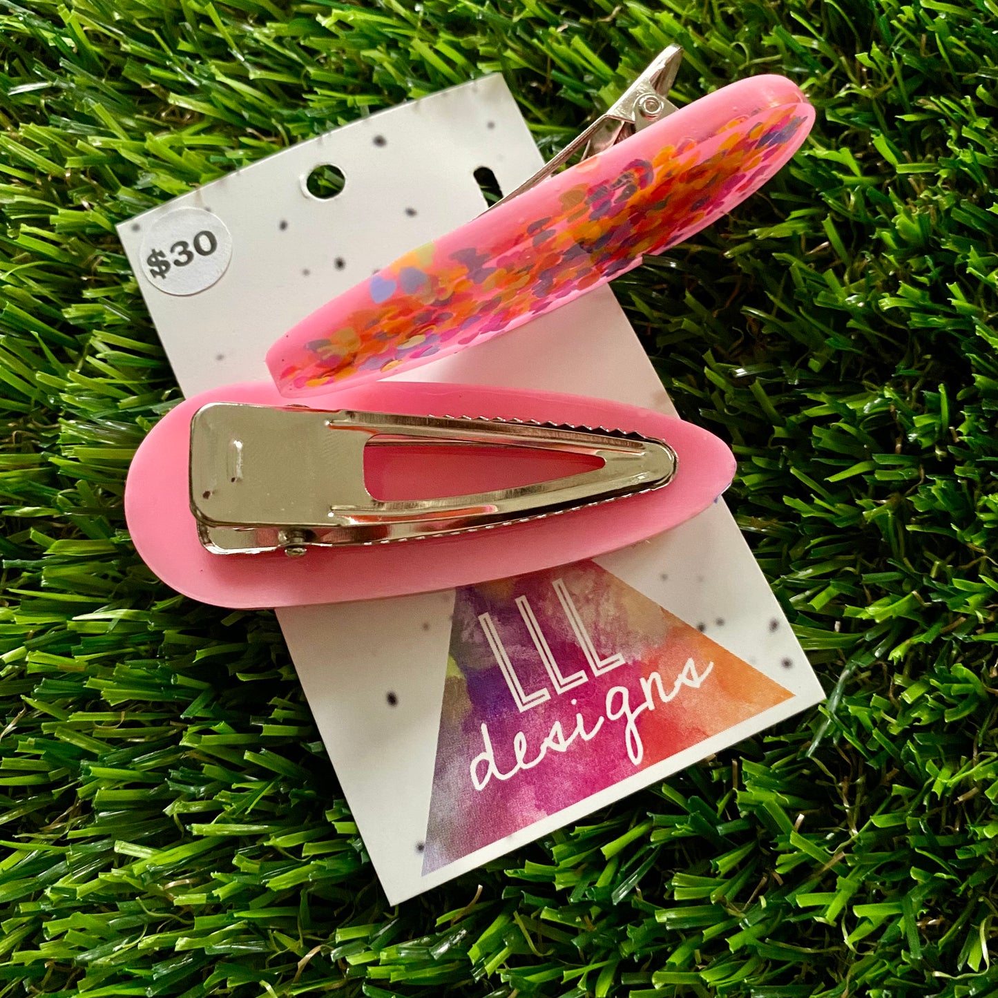 Handmade Resin Hair Clip - Pink Duel Layered Rainbow Heart Confetti Hair Clip Pair!