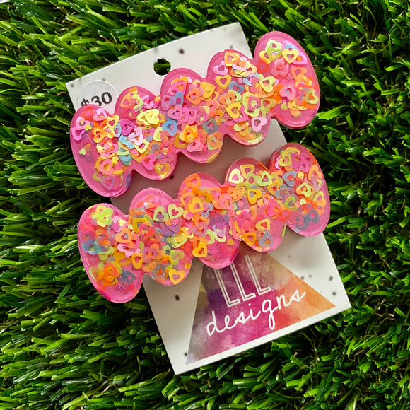 Handmade Resin Hair Clip - Pink Duel Layered Rainbow Multi Heart Confetti Bubble Hair Clip Pair!