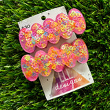 Handmade Resin Hair Clip - Pink Duel Layered Rainbow Multi Heart Confetti Bubble Hair Clip Pair!