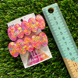 Handmade Resin Hair Clip - Pink Duel Layered Rainbow Multi Heart Confetti Bubble Hair Clip Pair!