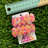 Handmade Resin Hair Clip - Pink Duel Layered Rainbow Multi Heart Confetti Bubble Hair Clip Pair!