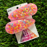 Handmade Resin Hair Clip - Pink Duel Layered Rainbow Star Confetti Hair Clip Pair!