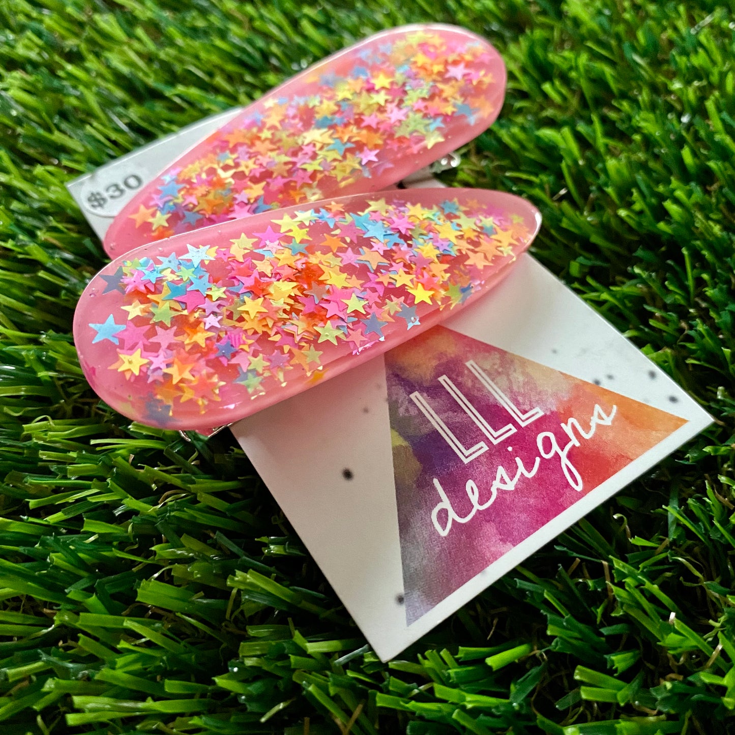 Handmade Resin Hair Clip - Pink Duel Layered Rainbow Star Confetti Hair Clip Pair!