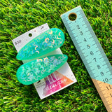 Handmade Resin Hair Clip - Green Duel Layered Glow In Dark Moon Confetti Hair Clip Pair!