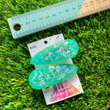 Handmade Resin Hair Clip - Green Duel Layered Glow In Dark Moon Confetti Hair Clip Pair!