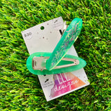 Handmade Resin Hair Clip - Green Duel Layered Glow In Dark Moon Confetti Hair Clip Pair!