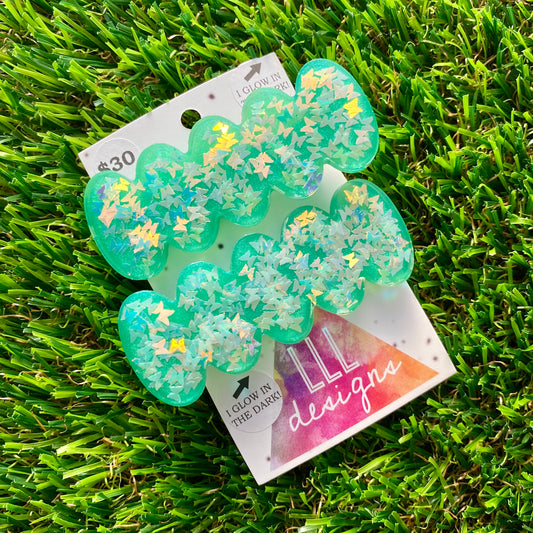 Handmade Resin Hair Clip - Green Duel Layered Glow In Dark Butterfly Confetti Hair Clip Pair!