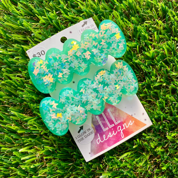 Handmade Resin Hair Clip - Green Duel Layered Glow In Dark Butterfly Confetti Hair Clip Pair!