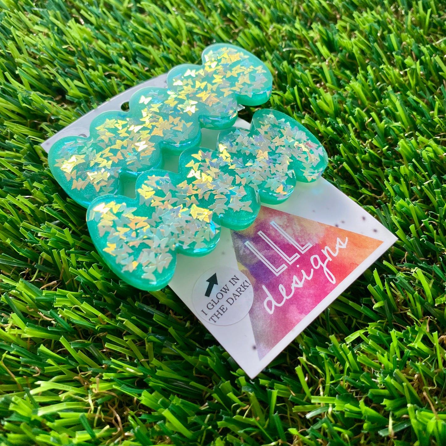 Handmade Resin Hair Clip - Green Duel Layered Glow In Dark Butterfly Confetti Hair Clip Pair!
