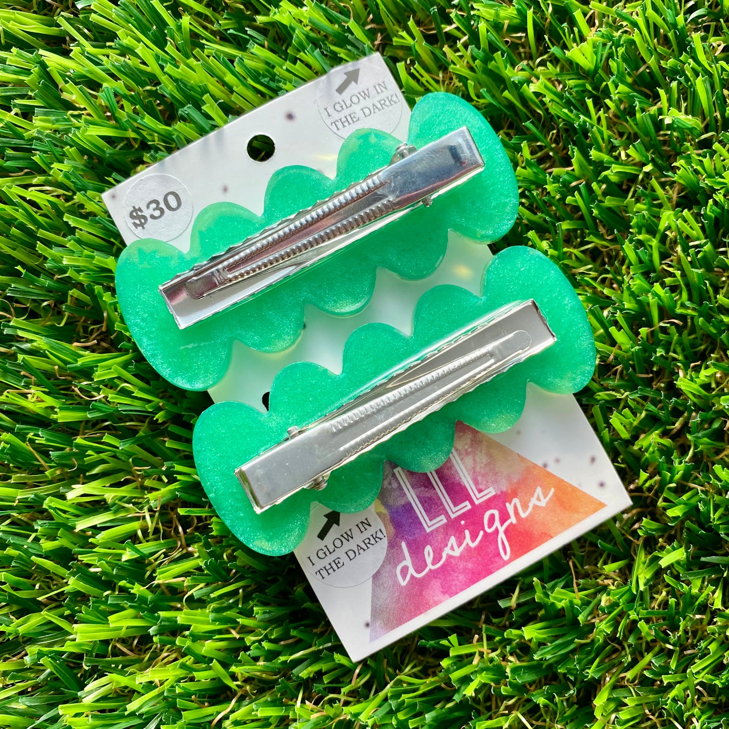 Handmade Resin Hair Clip - Green Duel Layered Glow In Dark Butterfly Confetti Hair Clip Pair!