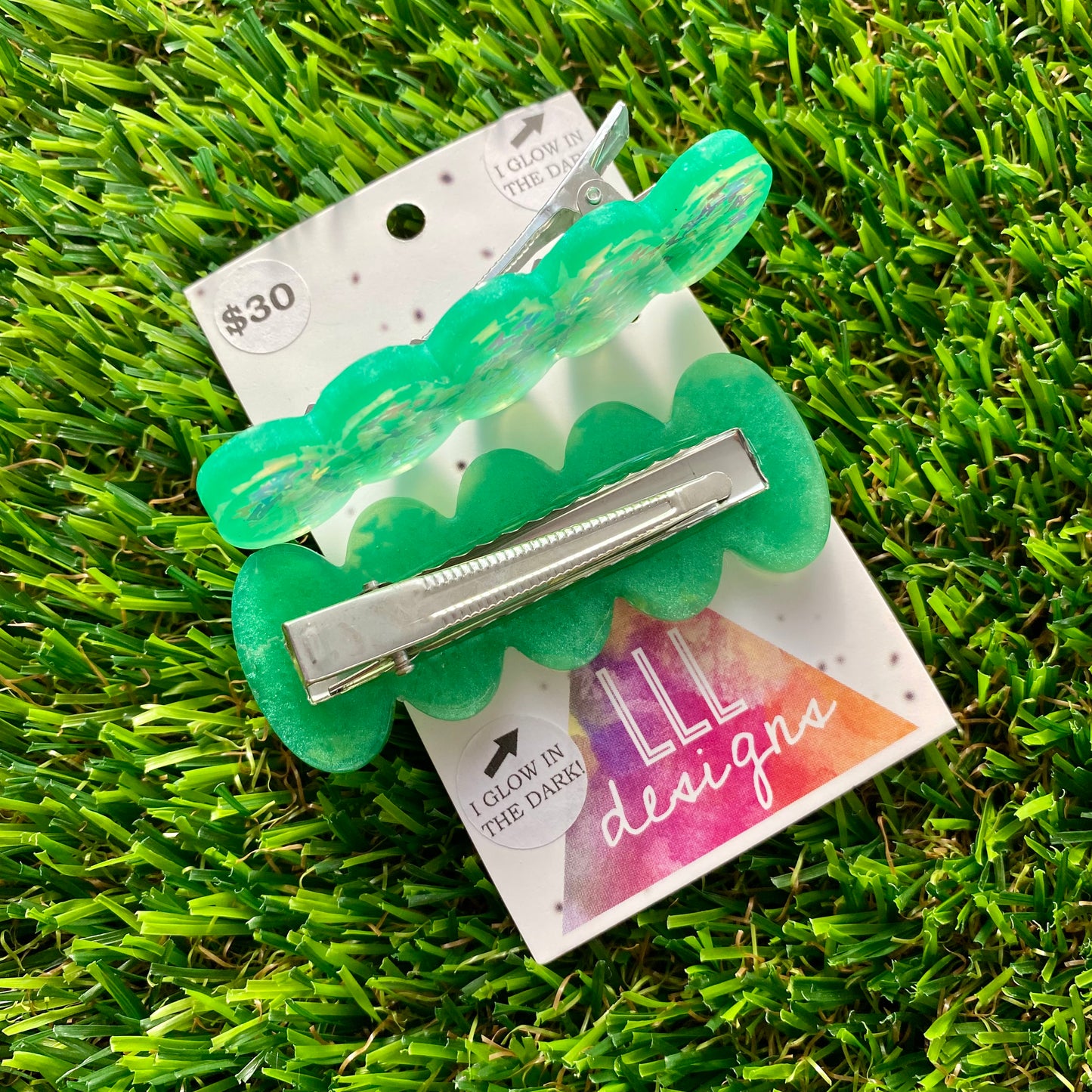 Handmade Resin Hair Clip - Green Duel Layered Glow In Dark Butterfly Confetti Hair Clip Pair!