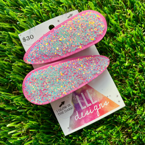 Handmade Resin Hair Clip - Pink Duel Layered Glow In Dark Glitter Confetti Hair Clip Pair!