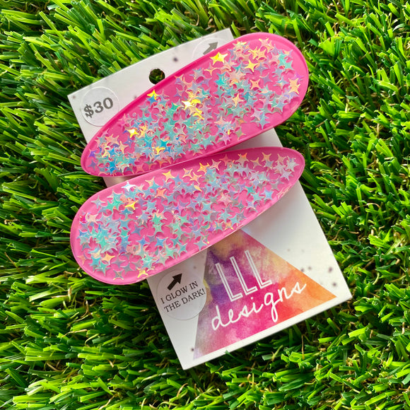 Handmade Resin Hair Clip - Pink Duel Layered Glow In Dark Star Confetti Hair Clip Pair!