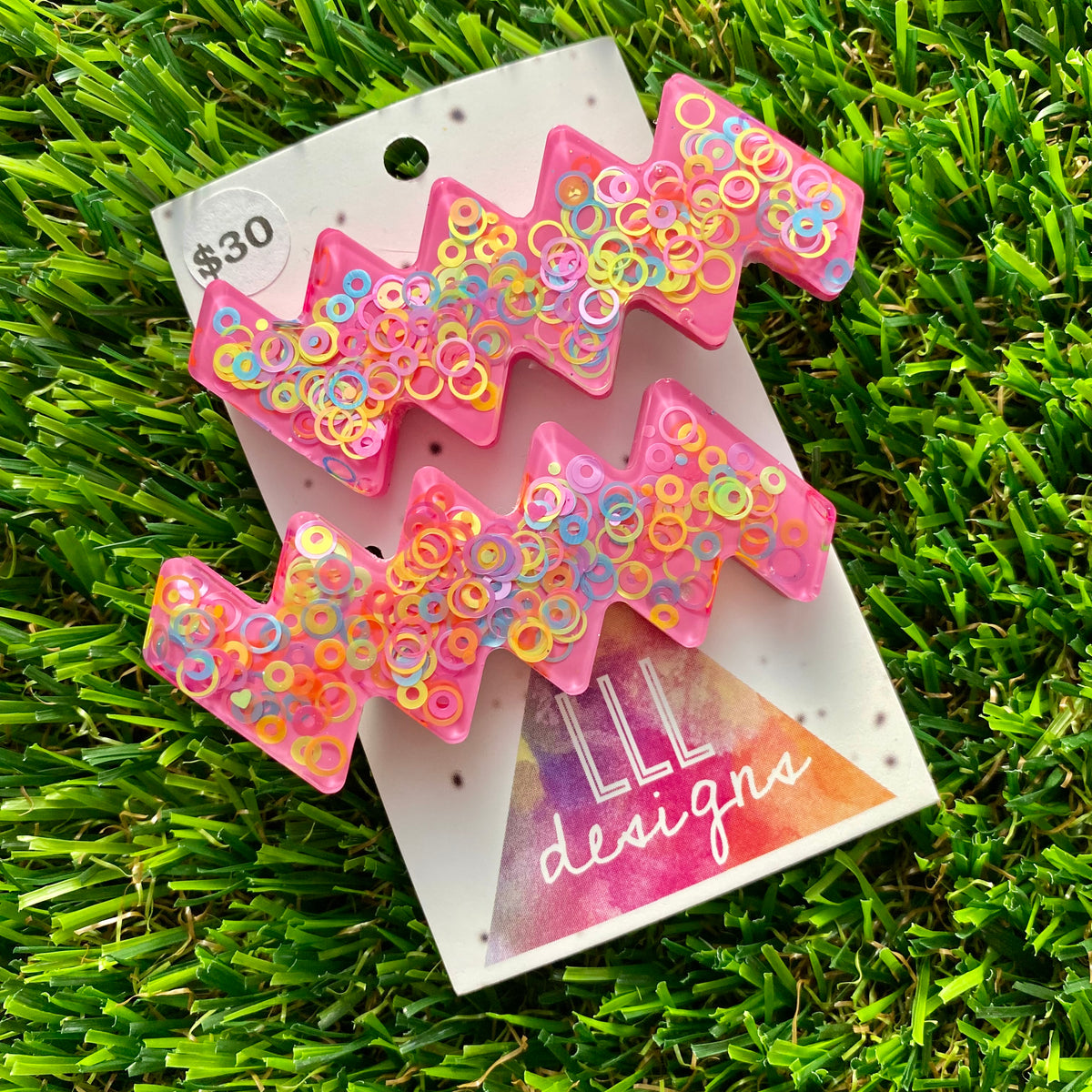 Handmade Resin Hair Clip - Pink Duel Layered Rainbow Circle Confetti Zig Zag Hair Clip Pair!