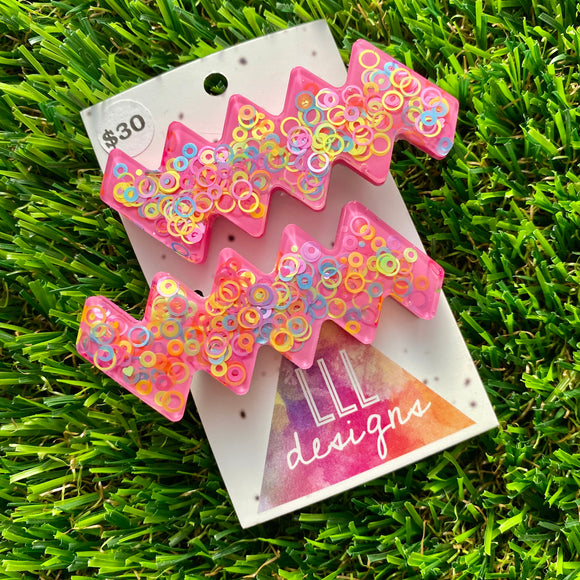 Handmade Resin Hair Clip - Pink Duel Layered Rainbow Circle Confetti Zig Zag Hair Clip Pair!