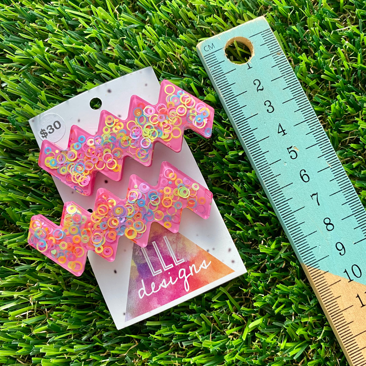 Handmade Resin Hair Clip - Pink Duel Layered Rainbow Circle Confetti Zig Zag Hair Clip Pair!