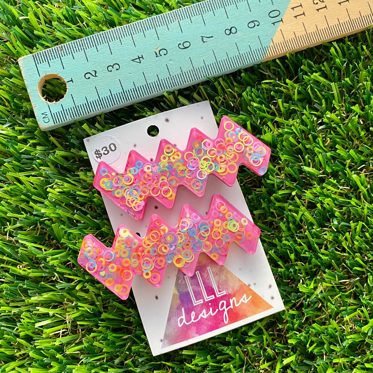 Handmade Resin Hair Clip - Pink Duel Layered Rainbow Circle Confetti Zig Zag Hair Clip Pair!