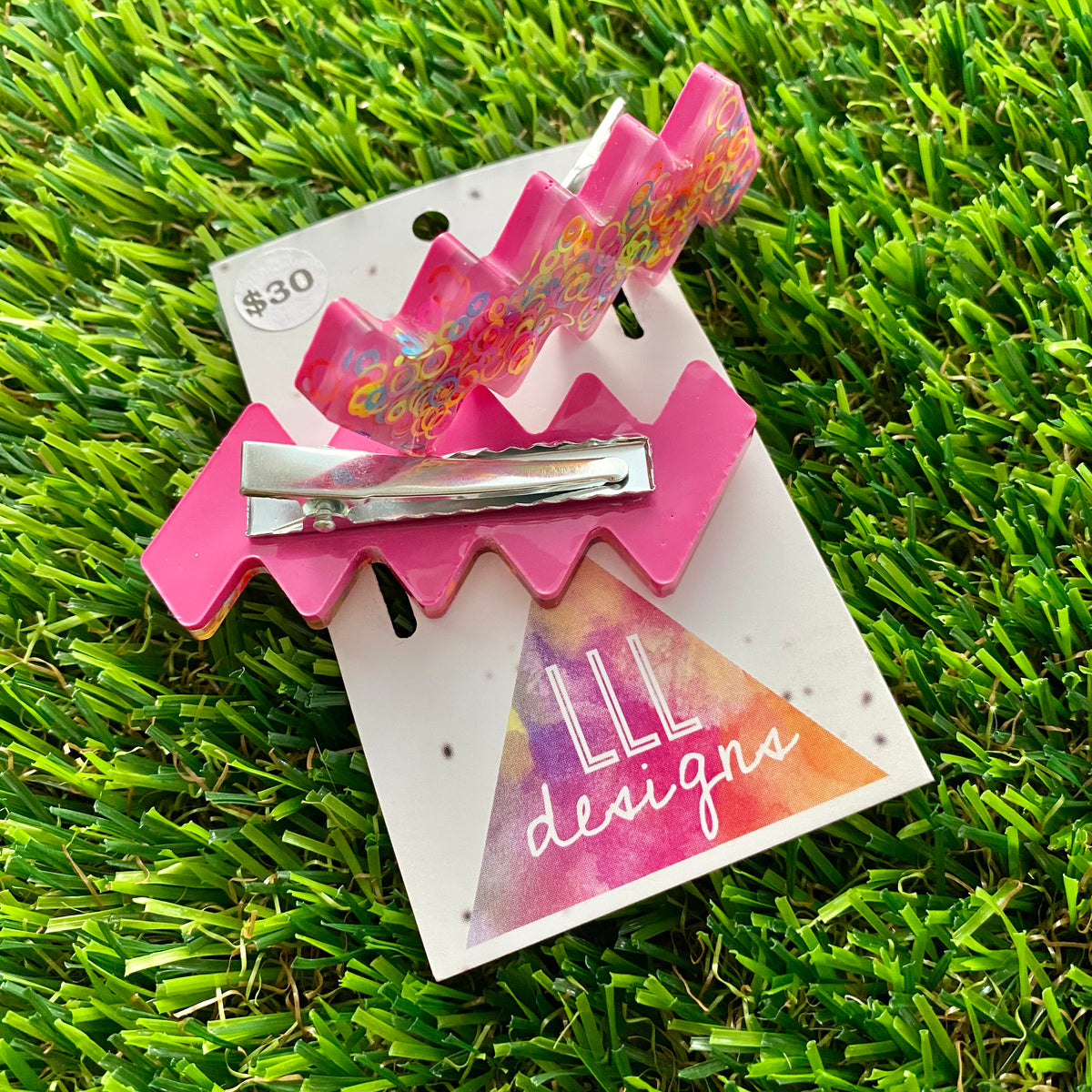 Handmade Resin Hair Clip - Pink Duel Layered Rainbow Circle Confetti Zig Zag Hair Clip Pair!